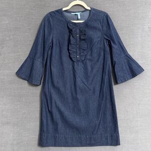Draper James Dress 6 Blue Chambray Ruffle Bell Sleeve Cotton Casual Preppy Shift